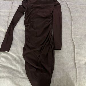 Long Sleeve Ruched Midi Dress in Dark Brown - Women Dresses Long Sleeve